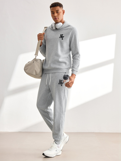 Driftmere 2pcs Men's Thermal Lined NY Letter Print Sweatshirt And Sweatpants Set,Dark Grey,Autumn,Streetwear,City Break,Back-To-School,Casual Over Size Gifts