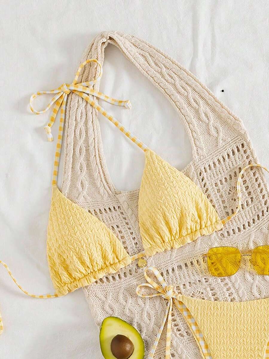 (僅上衣) Swim Mod 女款甜美露背雙層布料三角比基尼上衣,適合夏季海灘派對 - 黃色 - 查看 1