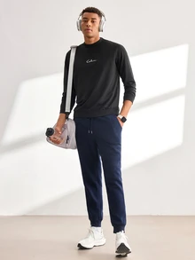 Driftmere Men Solid Drawstring Waist Sweatpants - Dark Blue - View 3