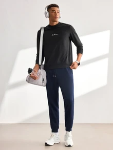 Driftmere Men Solid Drawstring Waist Sweatpants - Dark Blue - View 7