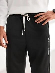Driftmere New Autumn Men's Sweatpants, Featuring A Letter Print Design, Casual Style, Comfortable Elastic Drawstring Waist, Perfect For Travel And Vacations. - Black - View 4