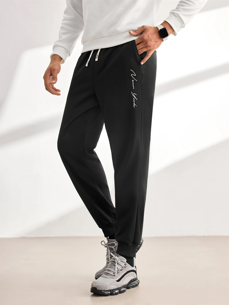 Driftmere New Autumn Men's Sweatpants, Featuring A Letter Print Design, Casual Style, Comfortable Elastic Drawstring Waist, Perfect For Travel And Vacations. - Black - View 1