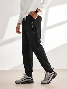 Driftmere New Autumn Men's Sweatpants, Featuring A Letter Print Design, Casual Style, Comfortable Elastic Drawstring Waist, Perfect For Travel And Vacations. - Black - View 6
