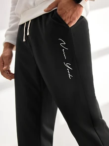 Driftmere New Autumn Men's Sweatpants, Featuring A Letter Print Design, Casual Style, Comfortable Elastic Drawstring Waist, Perfect For Travel And Vacations. - Black - View 5