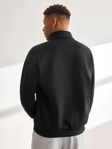 Driftmere 1件男士宽松半拉链领轻薄纯色长袖卫衣，新款 - 黑色 - 查看 3