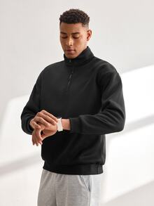 Driftmere 1件男士宽松半拉链领轻薄纯色长袖卫衣，新款 - 黑色 - 查看 5