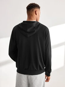 Driftmere Men's Solid Color Zip-Up Sweatshirt, Basic Casual Pocket Drawstring Sweatshirt, Long Sleeve Top Sports Black - Black - View 2
