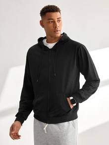 Driftmere Men's Solid Color Zip-Up Sweatshirt, Basic Casual Pocket Drawstring Sweatshirt, Long Sleeve Top Sports Black - Black - View 4