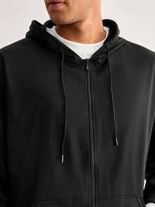 Driftmere Men's Solid Color Zip-Up Sweatshirt, Basic Casual Pocket Drawstring Sweatshirt, Long Sleeve Top Sports Black - Black - View 6