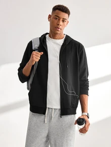 Driftmere Men's Solid Color Zip-Up Sweatshirt, Basic Casual Pocket Drawstring Sweatshirt, Long Sleeve Top Sports Black - Black - View 1