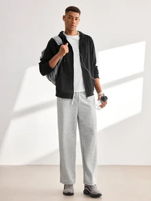 Driftmere Men's Solid Color Zip-Up Sweatshirt, Basic Casual Pocket Drawstring Sweatshirt, Long Sleeve Top Sports Black - Black - View 7