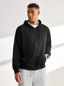 Driftmere Men's Solid Color Zip-Up Sweatshirt, Basic Casual Pocket Drawstring Sweatshirt, Long Sleeve Top Sports Black - Black - View 5