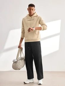 Driftmere Men's Casual Fashionable Versatile Daily Commute Simple Slogan Print Loose Kangaroo Pocket Drawstring Hoodie, Autumn/Winter - Apricot - View 3