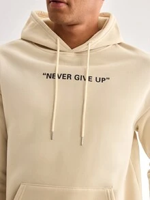 Driftmere Men's Casual Fashionable Versatile Daily Commute Simple Slogan Print Loose Kangaroo Pocket Drawstring Hoodie, Autumn/Winter - Apricot - View 6