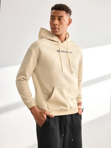 Driftmere Men's Casual Fashionable Versatile Daily Commute Simple Slogan Print Loose Kangaroo Pocket Drawstring Hoodie, Autumn/Winter - Apricot - View 4