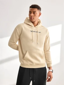 Driftmere Men's Casual Fashionable Versatile Daily Commute Simple Slogan Print Loose Kangaroo Pocket Drawstring Hoodie, Autumn/Winter - Apricot - View 1