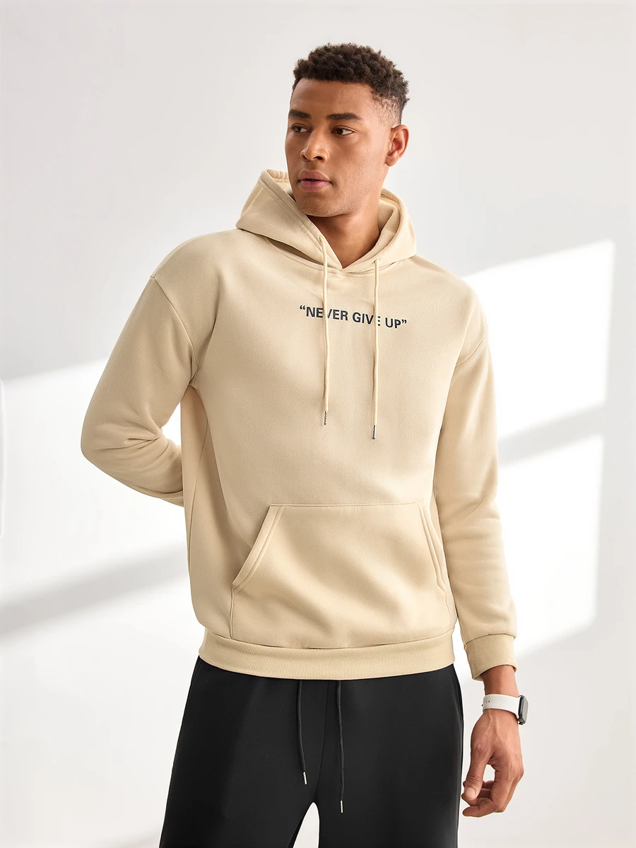 Driftmere Men's Casual Fashionable Versatile Daily Commute Simple Slogan Print Loose Kangaroo Pocket Drawstring Hoodie, Autumn/Winter - Apricot - View 1