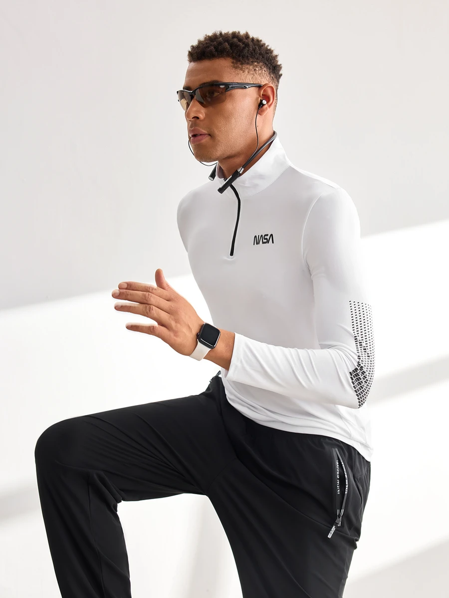 Driftmere Men Letter Graphic Quarter Zip Sports Jacket,Black And White,Summer,Athleisure,Gym Workout Top Breathable Sweat-Wicking Slim Fit Compression Shirt - White - View 1