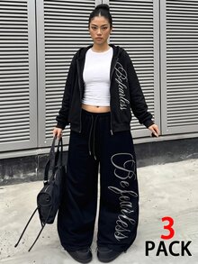 SHEIN 3件套青少年女孩休閒街頭風寬鬆百搭抓絨內裡拉鍊外套、城市印花短袖上衣、喇叭褲套裝，黑白配色，秋季 - 黑色 - 查看 2
