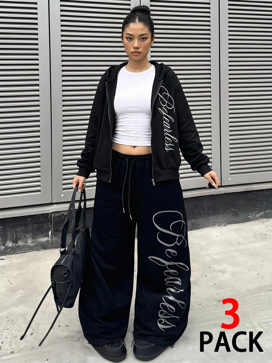 SHEIN 3件套青少年女孩休閒街頭風寬鬆百搭抓絨內裡拉鍊外套、城市印花短袖上衣、喇叭褲套裝，黑白配色，秋季