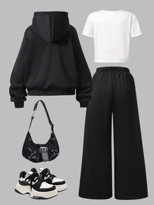 SHEIN 3件套青少年女孩休閒街頭風寬鬆百搭抓絨內裡拉鍊外套、城市印花短袖上衣、喇叭褲套裝，黑白配色，秋季 - 黑色 - 查看 4