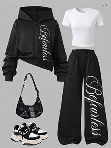 SHEIN 3件套青少年女孩休閒街頭風寬鬆百搭抓絨內裡拉鍊外套、城市印花短袖上衣、喇叭褲套裝，黑白配色，秋季 - 黑色 - 查看 3