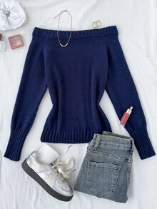 Teen Girls Autumn/Winter New Royal Blue Pony Pattern Embroidered Off-Shoulder Sweater - Royal Blue - View 2