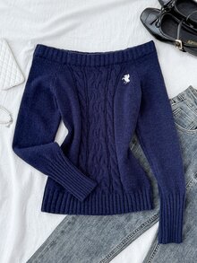 Teen Girls Autumn/Winter New Royal Blue Pony Pattern Embroidered Off-Shoulder Sweater - Royal Blue - View 5