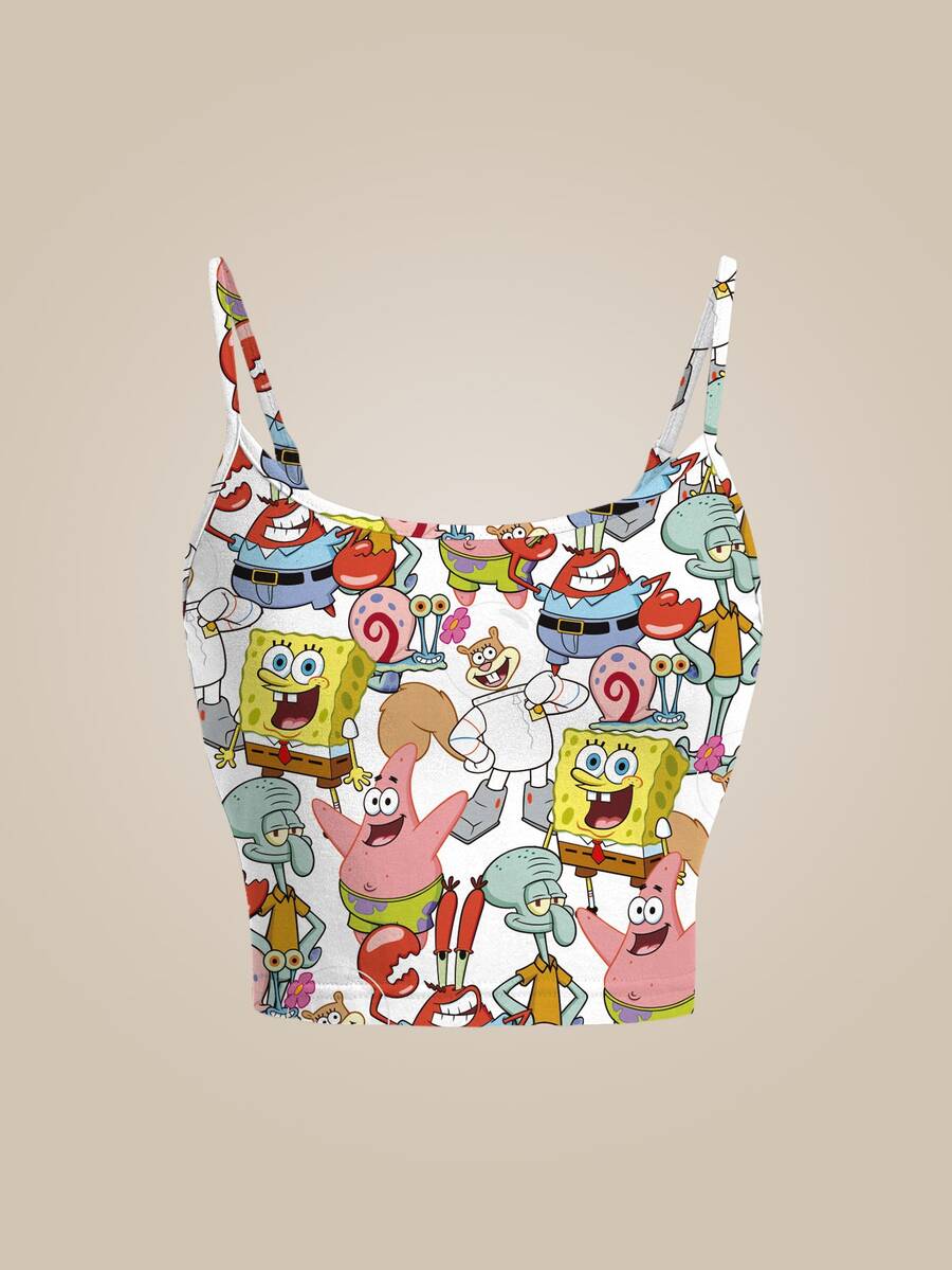 SpongeBob SquarePants | SHEIN Women's Cartoon Print All-Over Camisole - White - View 1