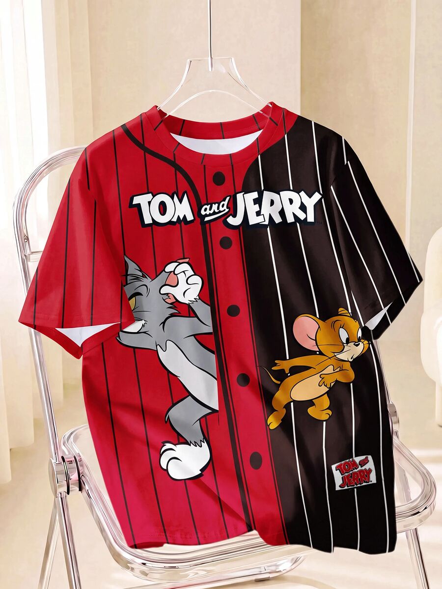 TOM & JERRY X SHEIN 男士卡通印花宽松休闲短袖T恤 - 白色 - 查看 1