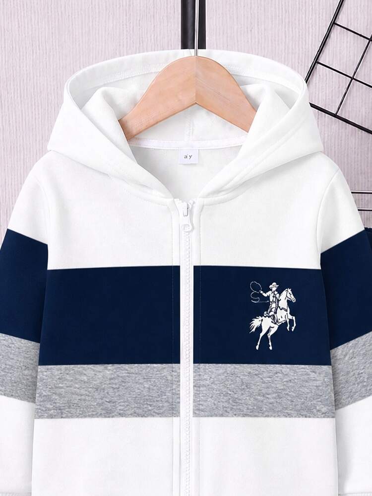 Setelan 2 Potong untuk Anak Laki-Laki, Modis dan Kasual, Motif Garis Lebar Blok Warna, Jaket Sweatshirt Berkerudung dengan Resleting dan Lapisan Bulu, serta Celana Olahraga Motif Kuda, Pakaian Lembut yang Cocok untuk Beraktivitas di Musim Gugur/Musim Dingin - MultiWarna - View 6