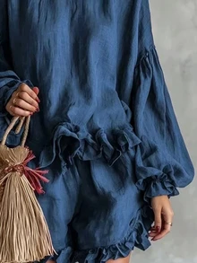 Trelyra Women's Elegant Boho Tropical Dusty Blue Textured Chiffon Loose Set Korean Lazy Sweet Cool Style, Puff Sleeves Ruffle Two Pieces Set Autumn - Navy Blue - View 5