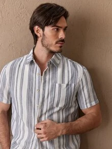 HIMLAND Men's Plus Size Striped Short Sleeve Single-Breasted Casual Pocket Shirt - Multicolor - View 3