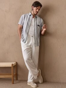 HIMLAND Men's Plus Size Striped Short Sleeve Single-Breasted Casual Pocket Shirt - Multicolor - View 4