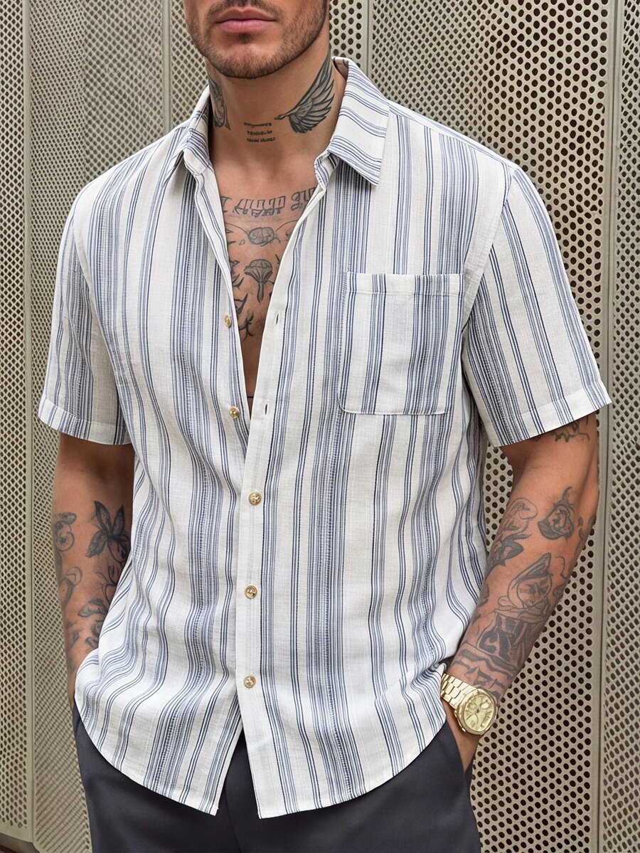 HIMLAND Men's Plus Size Striped Short Sleeve Single-Breasted Casual Pocket Shirt - Multicolor - View 1