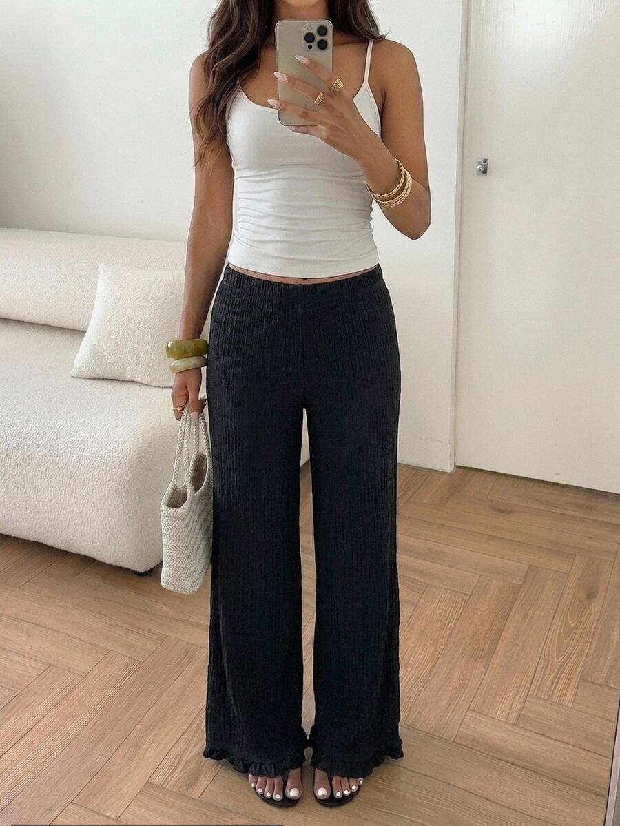 SHEIN Teen Girls Knit Jacquard Casual Black Long Pants - Black - View 1
