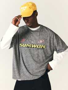 SUMWON Los Angeles Oversized Acid Washed Crew Neck Graphic Tee With Racing Motif Front Chest Print Short Sleeve T-Shirt - Grey - View 3