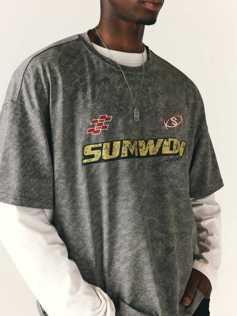 SUMWON Los Angeles Oversized Acid Washed Crew Neck Graphic Tee With Racing Motif Front Chest Print Short Sleeve T-Shirt - Grey - View 1