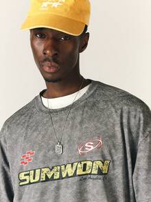 SUMWON Los Angeles Oversized Acid Washed Crew Neck Graphic Tee With Racing Motif Front Chest Print Short Sleeve T-Shirt - Grey - View 4