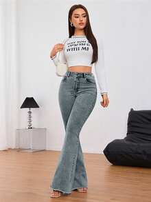 SHEIN Tall 素色拉鍊口袋寬腿牛仔褲，適合日常穿著，高個女性適用 - 藍色 - 查看 6
