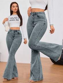 SHEIN Tall 素色拉鍊口袋寬腿牛仔褲，適合日常穿著，高個女性適用 - 藍色 - 查看 9