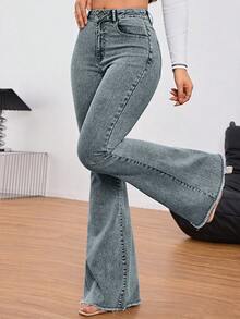 SHEIN Tall 素色拉鍊口袋寬腿牛仔褲，適合日常穿著，高個女性適用 - 藍色 - 查看 7