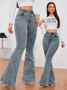 SHEIN Tall 素色拉鍊口袋寬腿牛仔褲，適合日常穿著，高個女性適用 - 藍色 - 查看 8