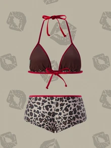 Betty Boop x SHEIN Women's Summer Vacation Beach Leopard Print Cartoon Pattern Halter Bikini Set - Multicolor - View 2