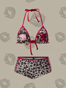 Betty Boop x SHEIN Women's Summer Vacation Beach Leopard Print Cartoon Pattern Halter Bikini Set - Multicolor - View 1