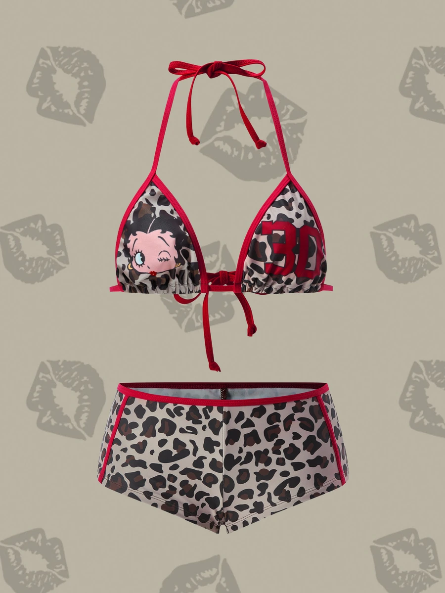 Betty Boop x SHEIN Women's Summer Vacation Beach Leopard Print Cartoon Pattern Halter Bikini Set - Multicolor - View 1