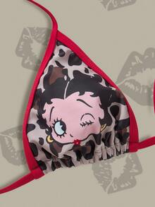 Betty Boop x SHEIN Women's Summer Vacation Beach Leopard Print Cartoon Pattern Halter Bikini Set - Multicolor - View 3