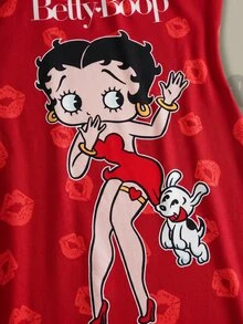 Betty Boop x SHEIN 女款卡通印花細肩帶睡裙 - 紅色 - 查看 4