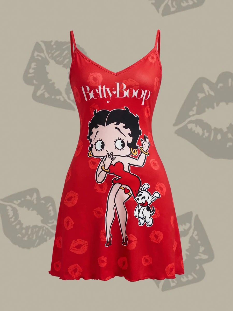 Betty Boop x SHEIN 女款卡通印花細肩帶睡裙 - 紅色 - 查看 1
