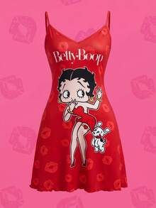 Betty Boop x SHEIN 女款卡通印花細肩帶睡裙 - 紅色 - 查看 8